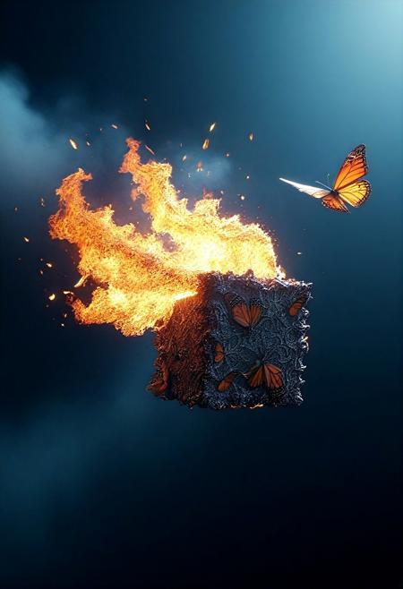 a piece of butter flying, in mid-air, on fire, 
3d-rendering, concept-art, digital, dreaminess, futuristic, multimedia, sculpture, virtual-reality, 
eeriness, fantasy, photorealism, other-worldliness, realism, sci-fi, technological, alien worlds, advanced civilizations, 
intricate details, highly detailed, ultra-detailed, absurdres, unreal engine, octane rendering, high contrast, vivid, vibrant, volumetric lighting, sharp focus, 
aid291, midjourneyv6.1, 
butterflyStyle
