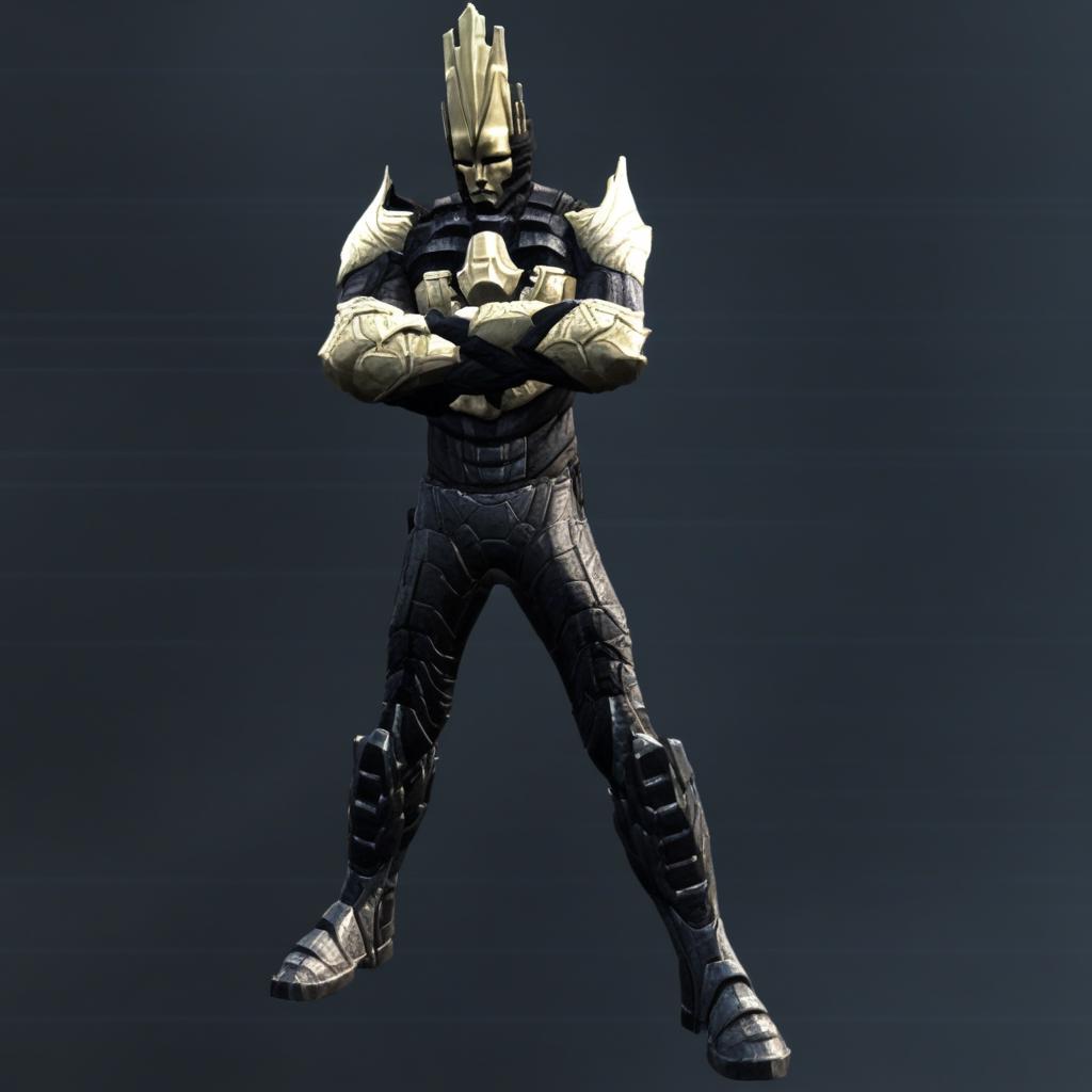 from behind, gold shoulder armor, crown extending from mask, helmet, solo, gold chest piece, standing, planted sword, full body, shield, Male focus, face mask, dual wielding, black fitted pants, white background, 1boy, science fiction, simple background, crossed arms