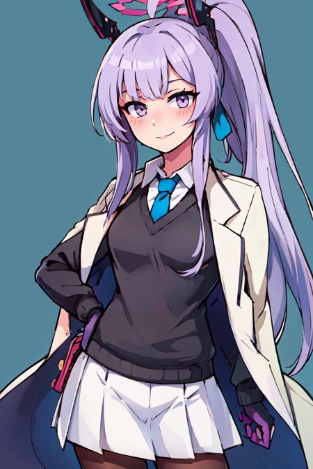  zzUtaha, long hair, purple hair, halo, purple eyes, ponytail, headgear,  long sleeves, solo, black gloves, white skirt, white jacket, black sweater, collared shirt, blush, white shirt, coat, sidelocks, pantyhose, blue tie,