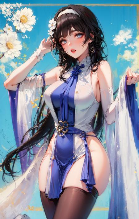 1girl, chinese dress, blue eyes, <lora:qbz95GFL2in1LohaVer_releaseV10:1><lora:style_TAYA:1>