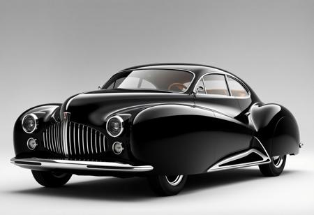retro-futuristic 4-door coupe, sleek black body, streamlined design with subtle curves, reduced bubble effect, large rounded headlights with integrated LED rings, bold fenders, refined chrome grille with vertical slats, aerodynamic roofline, low and wide stance, smooth doors seamlessly integrated, deep glossy black finish, chrome accents around windows and lights, sculpted rear with modern rounded taillights, jet-age-inspired design, futuristic yet classic, elegant and refined, four-door layout, sophisticated coupe silhouette, ultra-realistic textures, high-resolution, timeless design combining classic elegance with futuristic elements, subtle chrome highlights, powerful yet sleek appearance, (excessive curves:-1.5), (boxy design:-1.6), (supercar influence:-1.6), (flat shapes:-1.6), (over-the-top luxury cues:-1.5)