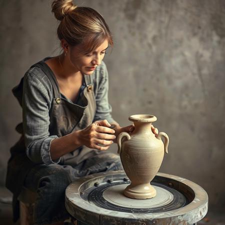 Beautiful woman at pottery wheel, making an urn, wearing spattered apron, hair tied up, old spattered shoes, looking at urn, hands molding urn, close up on face and urn