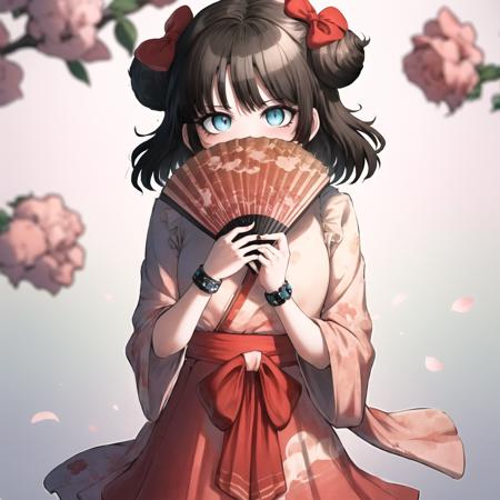 toshi, 1girl, blue eyes, bow, solo,  brown hair, covering mouth, double bun, dress, folding fan, hair bow, hair bun, hand fan, holding, ((holding fan)), nail polish, parted bangs, short hair, red skirt, geta, white socks, bracelet, outdoors