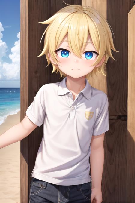 (1boy:1.4), (very short hair), crew cut, (solo:1.4), sfw, (bulge:0.4), male character, ((masterpiece)),
multicolored background, hair between eyes, highlight in eyes, (blonde hair:1.4), full shot,
(polo shirt :1.4), short pants, colorful eyes,  male character
multiple details, sky, sea, beach , outside, short hair, handsome,  beautiful eyes (vocaloid), delicate features, high light in eyes, (narrow chin:1.5), triangle chin, (introvert:1.6)
petite, young, juvenile, short hair, male face, detailed beautiful little boy, adorable boy, sparkling eyes,
faint sneer, energetic eyes