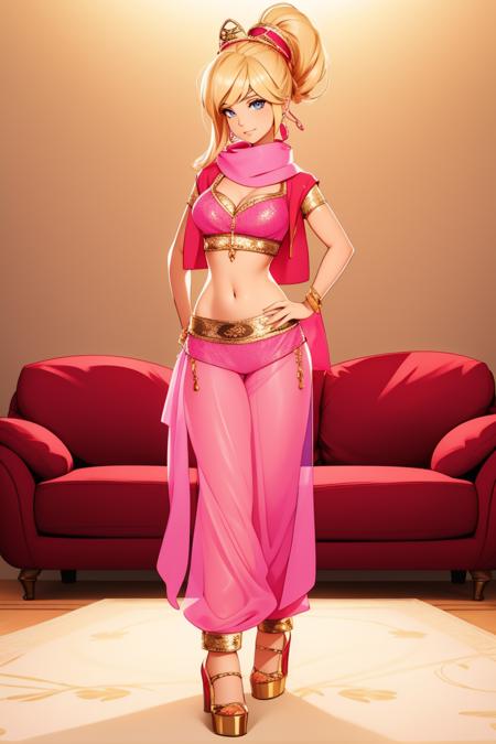 pink genie giab_1, crop top shirt, red crop jacket, sheer harem pants with elastic cuffs, high heels, gold embroidery, hat