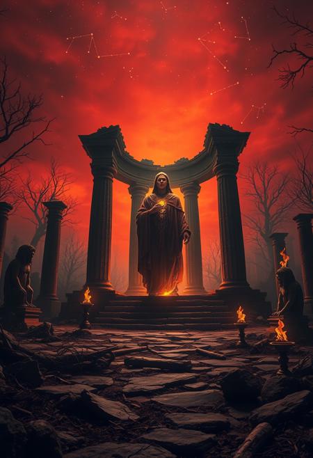 An apocalyptic vision of a ruined temple in a decaying forest under a blood-orange sky, where a divine protector rises from cracked stone. The ground is covered in creeping vines and fallen statues, while faint constellations shift overhead, forming mythic shapes. The central figure glows faintly from within, a radiant being wrapped in tattered ceremonial robes, their body marked by luminous scars and ritualistic sigils. The environment feels ancient yet eternal, where realism is layered with spiritual metaphor. Smoke curls from nearby braziers, the air thick with mystery and time. The moment is both solemn and transcendent, where decay and divinity coexist in vivid, mythic clarity.