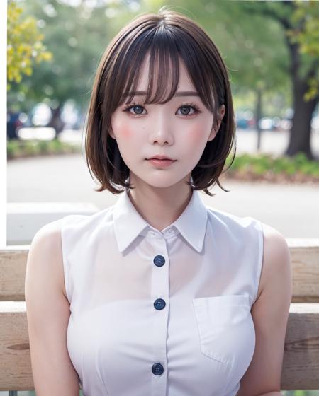 pureerosface_v1:0.3, best quality, photorealistic, 8k, high res, full color, 1girl, woman, 20 years old woman, (closed mouth:1.73), (skindentation), (portrait:0.6), trees, park bench, daylight, ((park background:1.52)), full color, ((buttonedwhiteshirt:1.58)), looking at viewer:1.8, (1girl eyes looking at viewer:1.55), (short hair, brownhair, sweptpartedbangs:1.45), (bokeh), <lora:AAV-miru:0.69>