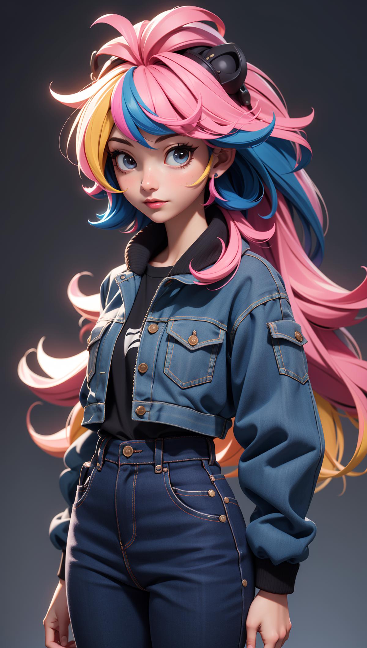 A cartoon illustration of a woman wearing a blue denim jacket with pink and yellow hair.
