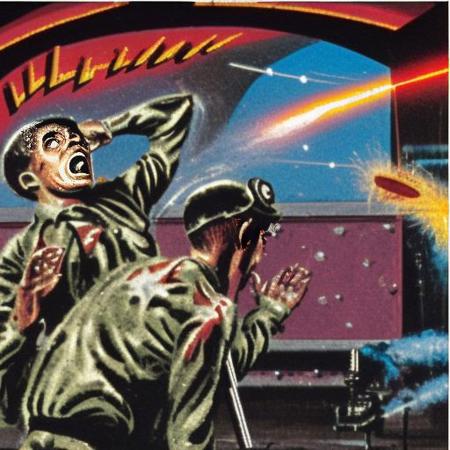 a army man exploded by a death ray in the style marsattacks