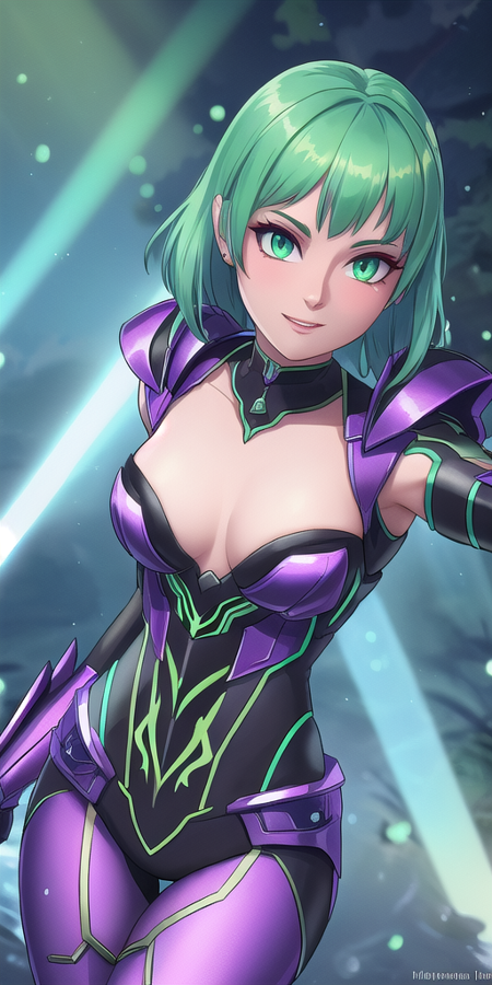 sneer, cybernetic armor, artificial limbs, SFW, 1Girl, Adult, (muscular Bruneian:1.2) woman, tiny breasts, medium light green pageboy hairstyle, wearing purple corselet outfit, tanzanite jewelry, frosted nickel accents, glowing pupils, green eyes, surprised expression, flourishing alluring bushes aura with ocean background, tattoos, floating sparkles, subsurface scattering, ray traced, depth of field, bokeh, god rays, vivid colors, cinematic hard lighting, realistic shadows, detailed textures, , iridescence