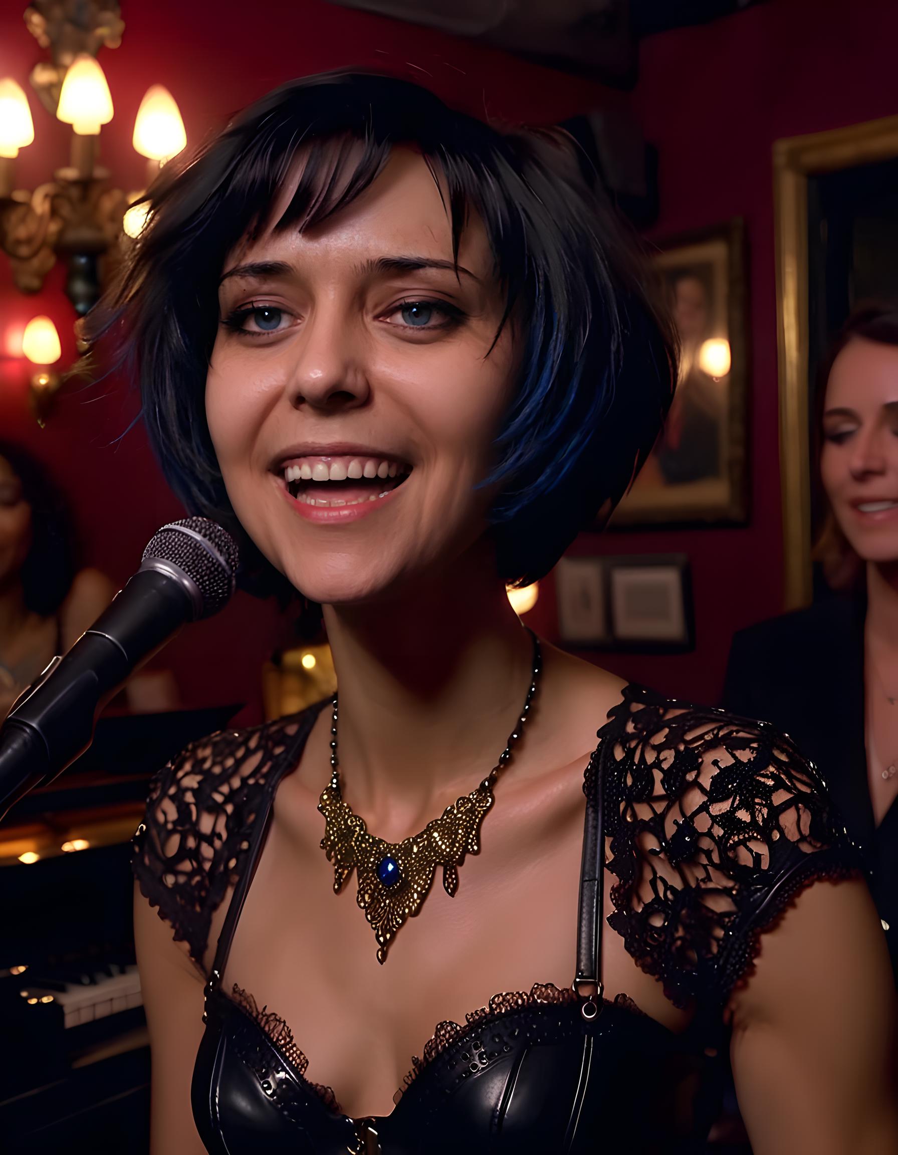 In a dimly lit, smoky jazz club in the heart of New Orleans during the early hours of Mardi Gras, the camera captures a close-up image of JUL14N4C, a woman with short, jet-black hair and piercing blue eyes, her mouth slightly parted to reveal a brilliant smile that gleams under the soft, warm light from a hanging chandelier. Her outfit is a unique blend of vintage elegance and modern edge: a black lace corset top adorned with intricate gold beadwork, paired with high-waisted black trousers and a studded leather jacket draped casually over her shoulders. A pair of black ankle boots complete the ensemble. The woman leans against the edge of the piano, her fingers tapping along to the rhythm of the music as she sings soulfully into the microphone, her voice resonating with a raw, emotional intensity that fills the room and captures the hearts of all who hear it.