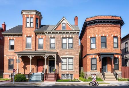The five identical houses were built c. 1880 on land formerly part of a brickyard owned by George Wyatt, whose own house stands across the street. The facade of each house is divide vertically into two sections: the left one is flat, and is topped by a square turret roof, with a single story portico sheltering double entrance doors, and the right sight is a polygonal project bay rising the full three stories. The shallow roof cornices are studded with brackets. The bricks are multicolored with intricate design.  There is a small child riding her bike out front.