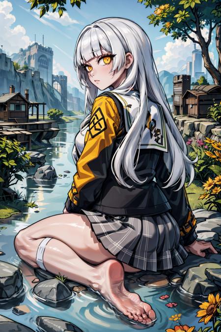 wide shot, (from behind, looking at viewer), sitting, sitting on rock, 1girl, rio, white hair, long hair, blunt bangs, yellow eyes, medium breasts, school uniform, black jacket, white shirt, plaid skirt, bare legs, bare feet, medium breasts, plains, lake, rocks, cobblestone, flowers, girl sits at the edge of lake and dips her feet in the water, <lora:Game-EternalReturn-Rio:0.8>