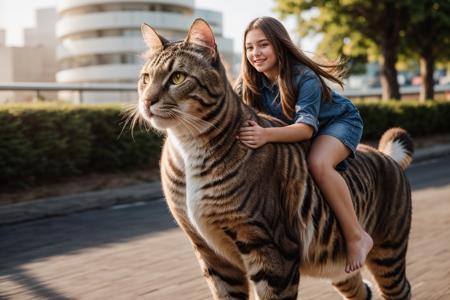 full body,photo of a 18 year old girl,riding on a oversized cat,running,happy,looking at viewer,ray tracing,detail shadow,shot on Fujifilm X-T4,85mm f1.2,sharp focus,depth of field,blurry background,bokeh,lens flare,motion blur,<lora:add_detail:1>,