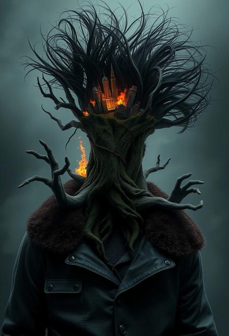 Tree: Dark, moss-covered bark, central focus of the image
Lighting: Soft and diffused, minimal highlights, emphasizing eerie shadows
Mood: Creepy, mysterious, and otherworldly
Hair: Wild, windswept black hair with exaggerated spikes, adding dynamic energy
Cityscape: Miniature burning city integrated into his head, with flames, smoke, and crumbling buildings
Clothing: Heavy leather jacket with fur-lined collar, detailed texture, dark tones
Atmosphere: Intense, apocalyptic, and surreal, symbolizing destruction and chaos
Subject: Tree entwined by multiple human-like arms
Style: Hyper-realistic surrealism with intricate details and dramatic contrasts