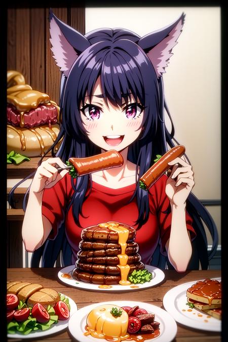 1girl, animal_ears, bangs, black_hair, blush, bowl, bread, burger, butter, cake, cheese, chicken_\(food\), chopsticks, eating, eyebrows_visible_through_hair, food, fork, french_fries, heart, holding_chopsticks, hot_dog, ketchup, letterboxed, lettuce, long_hair, meat, omurice, open_mouth, pancake, pasta, pie, pizza, plate, rice, salad, sandwich, smile, solo, spaghetti, steak, table, tomato, tray