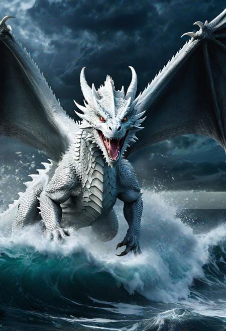 A riveting cinematic scene of a majestic white-coated dragon, roaring fiercely while protecting its eggs. The dragon's eyes glisten with determination, and its wings are spread wide, ready to take flight. The stormy sea, with massive waves crashing around, creates a dramatic and atmospheric setting. The night sky is filled with dark clouds, and the overall ambiance is intense and epic.
