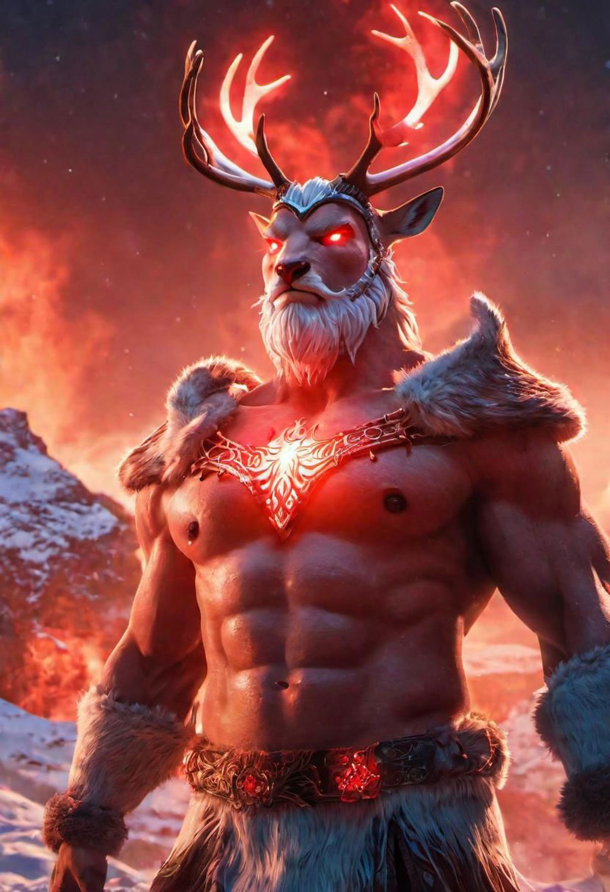 Muscular Man with Antlers, Beard, and Heart Decoration on His Chest.