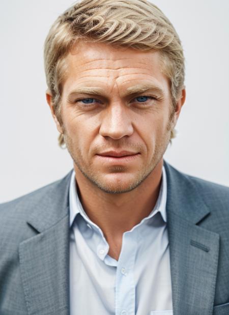 <lora:SteveMcQueen:1> headshot, man, solo, sm1, blue eyes, blonde hair, man in suit,  full body, full body shot, white background, no background, PNG, natural lighting, no shadows, ultra detailed, hyperrealistic, 80mm, 4k, 8k, 8k realistic, sharp focus, intricate, high resolution