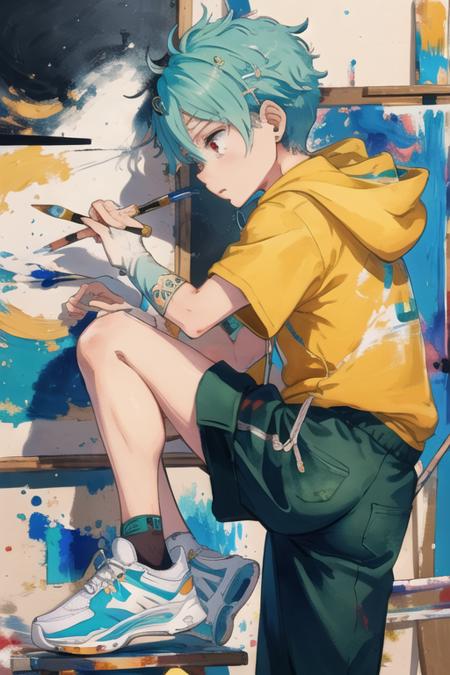 nils, solo, (circlet, hair ornament:1.1), hoodie, track pants, sneakers, from side, painting, canvas, ink, painter, paintbrush, serious, concentrated, squint