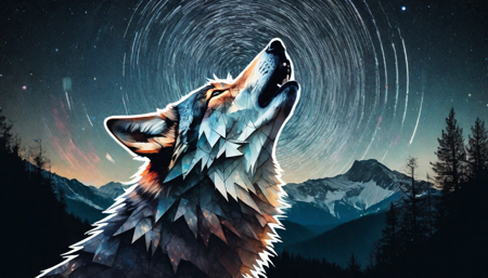 surreal double exposure portrait of a beautiful howling wolve in dark mountain forest scenery against star trail starry night, by Dave White, Conrad Roset, Brandon Kidwell, Andreas Lie, Dan Mountford, Agnes Cecile, triadic colours, thick opaque strokes, accurate depth of field, hyper detailed, whimsical, dynamic, dreamy masterwork