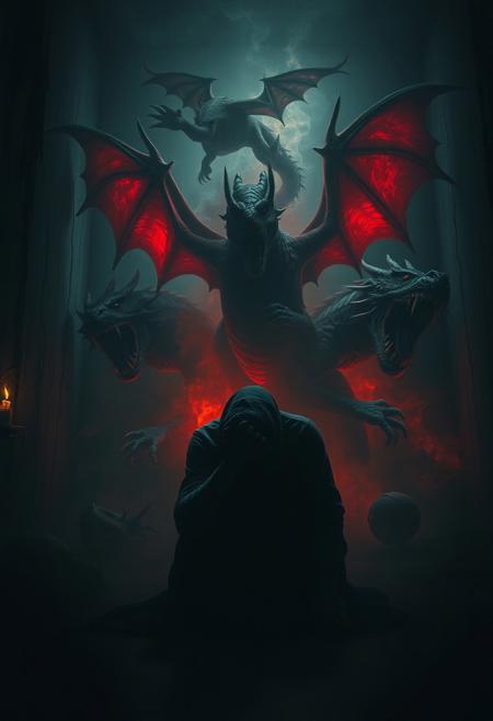In a dark, oppressive room with the light barely flickering, a shadowy figure sits, head buried in their hands. Heavy thoughts swirl around like a storm, nightmares filled with visions of war and deceit. Dragons rage in the background, their fire lighting up the scene with an ominous red glow. Twisted creatures with sharp teeth lurk in the shadows, ready to bite. The room itself feels like it's alive, the walls oozing and shifting as if breathing with the darkness, trapping the figure in a relentless cycle of terror.