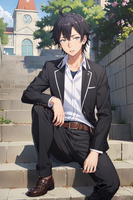 (masterpiece, best quality:1.4), looking at viewer, cowboy shot, outdoors, stairs, sitting, hachiman hikigaya, ahoge, grey eyes, black pants, school uniform, black jacket, open jacket, white shirt, belt <lora:hachiman_hikigaya_v1:0.7>