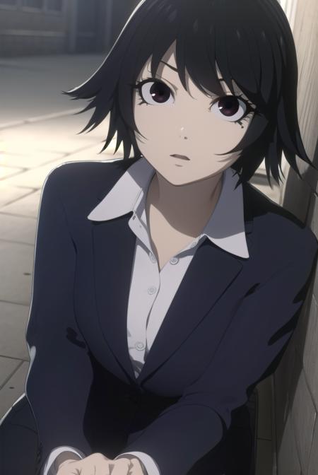 izumi shimomura, short hair, black hair, (black eyes:1.5), shirt, jacket, pants, formal, suit,