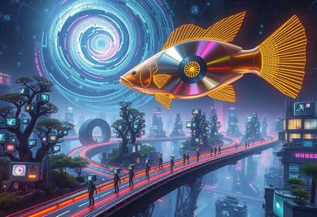 A floating neon city built entirely from giant CDs, reflecting a swirling cosmic sky. Towering mechanical trees with glowing circuits replace natural vegetation. Strange creatures with televisions for heads walk along gravity-defying roads, while a massive, golden fish hovers mid-air, its fins transforming into delicate fractals. The atmosphere is a mix of cyberpunk and dreamlike fantasy, with soft vaporwave lighting casting eerie yet beautiful reflections