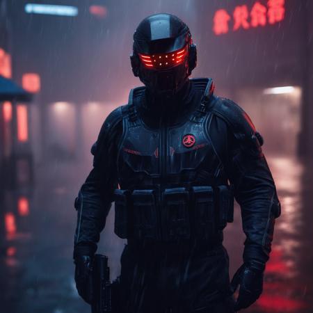 cinematic film still of  <lora:perfection style:0.3>
 <lora:cyberpunk style v2:0.9>
 <lora:Unreal Engine style:0.2>
In Cyberpunk city a man in a tactical suit with a gun in the rain,solo,red eyes,1boy,holding,weapon,male focus,holding weapon,armor,gun,glowing,helmet,holding gun,glowing eyes,rifle,science fiction,rain,bullpup , science fiction, futuristic setting, detailed background, dramatic light, dramatic shadow light, contrast, cinematic color, cinematic look, filmic, realistic, realism, perfection, perfect, different, cinematic, film, cinematography, artstation, Cyberpunk city style, Cyberpunk style, shallow depth of field, vignette, highly detailed, high budget, bokeh, cinemascope, moody, epic, gorgeous, film grain, grainy