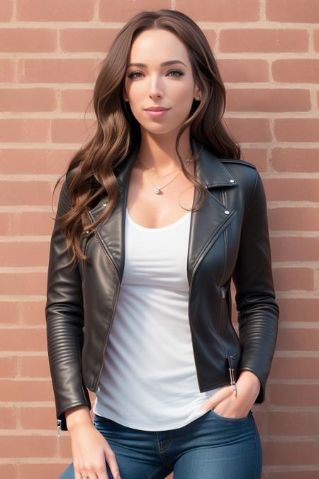 A professional photo of  CIARA_OD:1 wearing a black leather jacket in front of a brick wall. eye contact. (8k, RAW photo, best quality, masterpiece:1.2), (realistic, photorealistic:1.37), best quality, hyper detailed, highres, 1girl. ((depth of field)). bokeh:1.3. ((Female focus)). warm lighting, RAW format. Canon. Nikon.