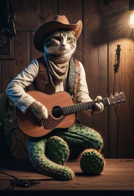 Product photo, a cat as a cowboy, coyboy gear, holding a cactus guitar, dramatic lighting, spotlight, in a bar, detailed, polaroid photo