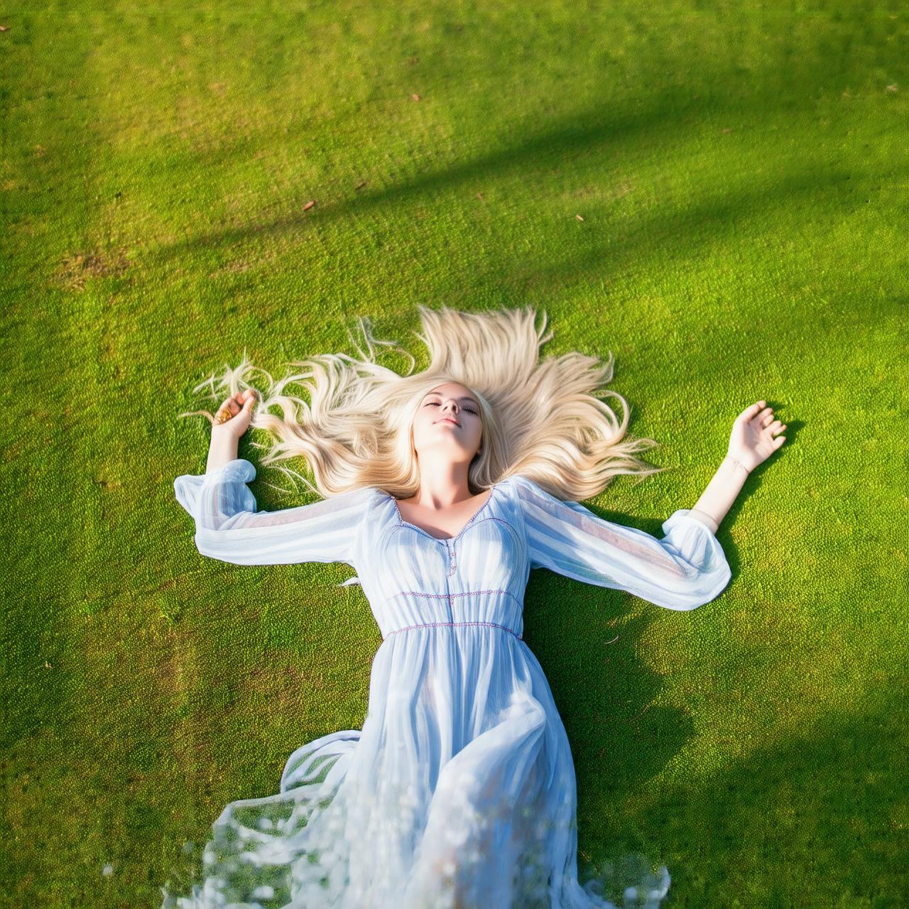 digital photo, raw photo, from above, a blonde woman lays on grass in long dress, (top quality, best quality, insane details:1.4)