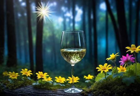 Fantasy glass of white wine illuminated by a bright star, glittering flowers in the background, forest, light, sparkle, fine art, extreme detail, photorealistic, matte painting" ultra high detail, detailed, black bg, night bg, rainbow color, ceramics, this digital painting , high detail, complex, complex pose, clarity, high quality, center alignment, Miki Asai Macro photography, detail, hyper detail, art station trends, sharp focus, studio photography, complex detail, high detail, by greg rutkowski<lora: xl_more_art-full_v1:0.4>