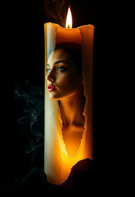 double exposure, fairy tale fantasy, large burning candle with woman porcelain skin inside candle, red lipstick, large black paper, 3d, smoke, realism, hyper-detailed, sharp focus, professional photoshoot, chiaroscuro lighting, intricate details