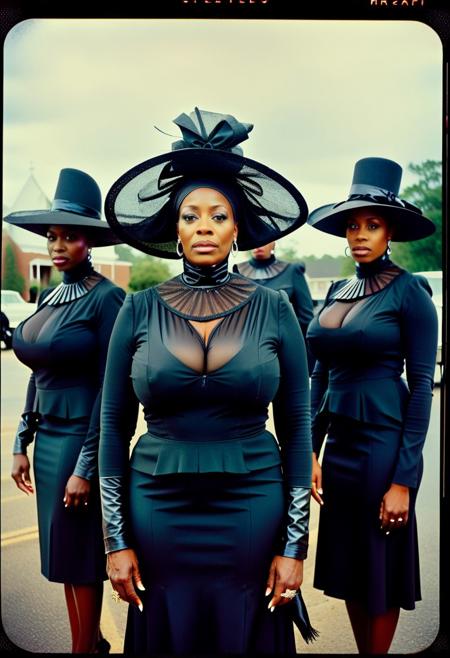 ()Hyoer Realistic:2.0)Polaroid picture of 
a hyper realistic Movie Still of (80 years old ((busty:1.3)) (((african american))) women) 
  a Mississippi Baptist church parking lot  where a group of stunning, elderly black women, resplendent in their finest Sunday attire(church hats and very high stripper. heels), gather around a circle (standing on their tippy toes) of new recruits. The women's faces exude warmth, wisdom, and a hint of mystique, as they gaze intensely at the newcomers.
With gentle, soothing voices, they begin to speak in unison, their words weaving a hypnotic spell that draws the recruits in.
The recruits' faces slacken, their eyes glazing over as they succumb to the sisters' mesmerizing power. The women's message is clear: join their sisterhood, and you shall be empowered to raise your family without the need for a man. Capture the surreal, captivating atmosphere of this scene, where the boundaries between faith, sisterhood, and mind control blur.