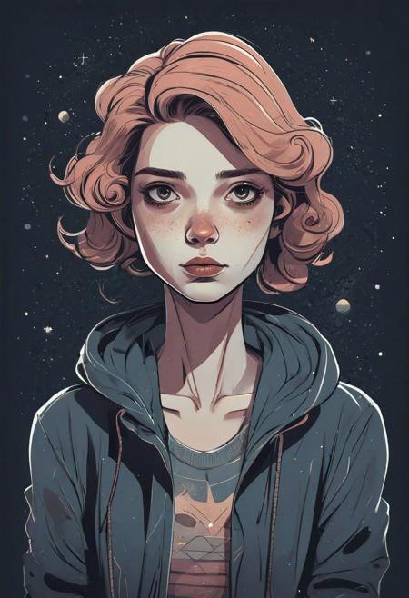 portrait, character, graphic style of drawing comics, dark space colour palette, vector illustration, muted colors, delicate details, high detailed, cute
