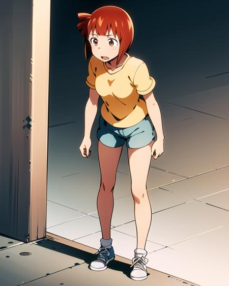 aizawa_eiko, short hair, 1girl, solo, brown eyes, red hair, yellow shirt, grey shorts, sneakers,  <lora:aizawa_eikoV1:.8>  
 <lora:ghibli_style_offset:.5>