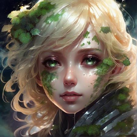 blonde hair, anime girl with moss And mold around her, detailed portrait, close up, space background behind her, dripping liquid metal leaf's around her, roses flourishing around her, close up of face