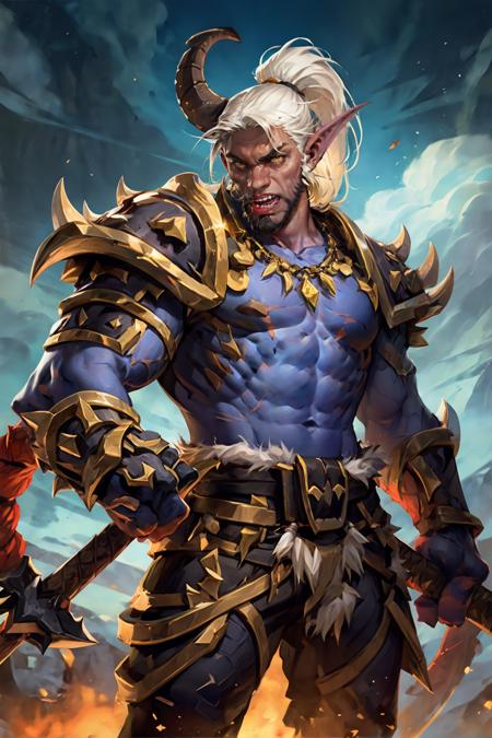 HEZI, Hearthstone, male focus, 1boy, weapon, sword, solo, horns, facial hair, colored skin, beard, red skin, white hair, topless male, long hair, pointy ears, beads, ponytail, jewelry, abs, necklace, teeth, fangs, muscular, colored sclera, fingernails, yellow eyes, black sclera, tattoo, sky, planted, fire, veins, sharp fingernails, red eyes, rope, pectorals, open mouth, long fingernails, cloud, demon, tongue, planted sword, high ponytail, armor, embers, looking at viewer, nail polish, tusks<lora:çå­ç³»åââçç³ä¼ è¯´é£æ ¼:0.7>,