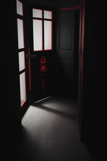 a very dark room with a small door, with colors, the most prominent being black and red, a horrifying demon with very skinny hand and face barely leans out of the barely open door,