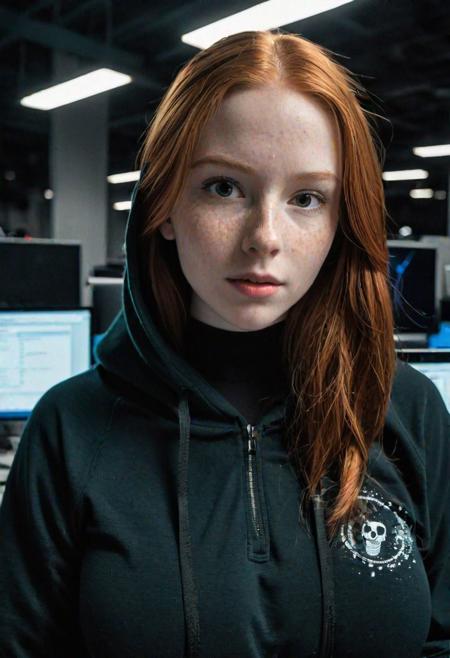 (Closeup photo, torso up framing), Young, 18 year old, woman, ginger, cute, slim, tall, (large breasts, big boobs, huge tits:1.8), wearing black zip up hoodie, skull earrings, cleavage, visible stomach, skimpy clothes, slutty clothes, long red hair, long thick single hair braid, pale skin, freckles, dark room, indoors, night, surrounded by computer screens, hacker