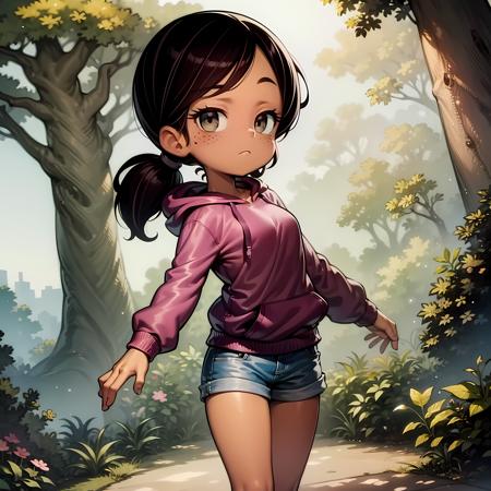 ((masterpiece, best quality)),(complex light),solo, upper body, 1girl, ronnie anne, dark skin, tan, freckles, hoodie, <lora:ronnie_anne1-2_0607:0.6>, low ponytail, shorts , forest,