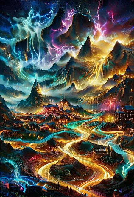 (by Ellen Jewett:1.5), (Bioluminescent Impressionism, Egyptian landscape, The Dreamland,, their peaks veiled in mist. mixed media, surrealism, great lighting, A surreal landscape highly detailed . extremely high-resolution details,  appears trapped in an optical illusion of reflections and refractions colorful , lthndrtrl, dark night, mountains and village in Turkey, professional photography, natural lighting, volumetric lighting maximalist. intricately detailed, complex, elegant, expansive, fantastical, waterfall, ethereal landscapes, depth of field, biotech emotion:1.3) <lora:xl_more_art-full_v1:0.5> <lora:add-detail-xl:1> <lora:RMSDXL_Creative:2>