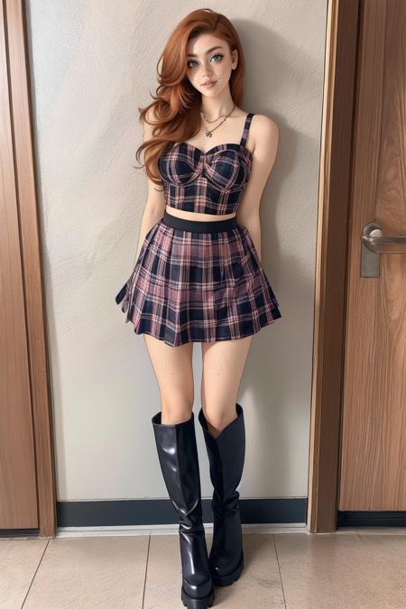 m1n1pl41ds3t, bare shoulders, plaid bustier, plaid skirt, knee boots,