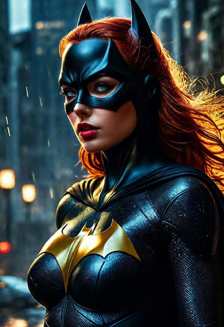 High resolution ultra-realistic of Beautiful bloody Batgirl  fighting against alien invasion, masterpiece, best quality, 1girl, batgirl, close up, realistic, dirty, bruise, blue eyes, mask, bodysuit, red hair, lips, long hair, solo, dark, cinematic style, standing on a bloody and stormy battle in a destroyed Gotham city in a fighting pose, bloody and dirty, realistic combat costume, whole body, perfect athletic figure, wavy long red hair, handsome bloody face, beautiful perfect detailed pupils, wet oily shiny skin, covered in dirty and blood, beautiful firm Breasts, defiant and seductive, attractive 21 year old Batgirl, 8k resolution concept art portrait by Greg Rutkowski, Dark Gotham City, Artgerm, WLOP, Alphonse Mucha, dynamic lighting, hyperdetailed, intricately detailed, Splash art trending on Artstation triadic colors, Unreal Engine, 5 volumetric lighting, Cinematic Lighting, intricate, smooth, sharp focus digital painting, Asymmetrical Balance, realistic eyes, ultra detailed atmospheric details, sparkle effects, realistic body proportions, beautiful body female soldier proportions, complex masterpiece, dramatic atmosphere