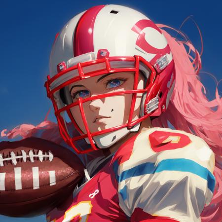 anime girl football player wearing light blue and white football uniform, (shoulder pads), pink hair, (football pads), sports anime, american football, long flowing hair, (large anime eyes), gridiron, (long hair), sportswear, shoulder pads, ((football helmet)), perfect hands, feminine, ladylike, womanly, beautiful face, ((helmet face mask bars covering lower face)), american football object,speed flex helmet, sailor school girl uniform, bow tie, sailor skirt, football pants, gloves, long socks, jersey numbers, anime aesthetic, realistic proportions, tackle football, masterpiece, best quality, realistic shaded, perfect face, fine details, perfect lighting