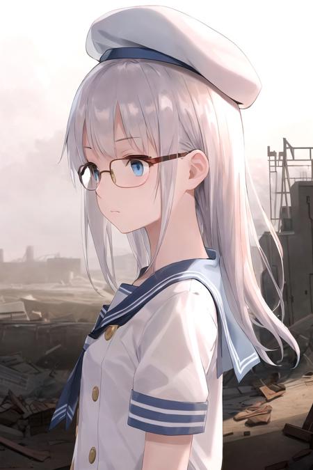 high quality, best quality, detailed,
1girl, upper body, from side, looking away, serious, staring, barren land, depth of field, blurry background, day, debris,
neon \(nikke\) <lora:neon_nikke_v01:0.9>,
glasses, white beret, white shirt, sailor collar, blue collar, blue tie, (golden buttons on chest),