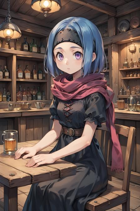 eledef, dark skin, 1girl, purple eyes, short hair, blue hair, red scarf, headband, yellow crop top, midriff, (gauntlet), black shorts, thighhighs, mismatched legwear, asymmetrical legwear,