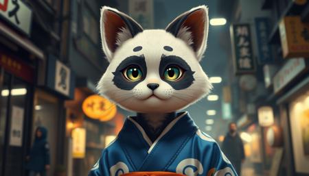 A trans (lore) in cat humanoid style, with a blue kimono panda ears. the background is underboob cutout, and pack street elements are seen.